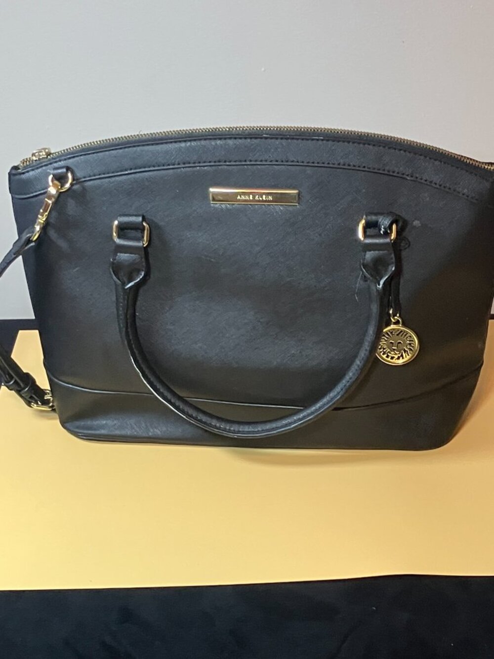 Anne Klein Black Saffiano New Recruits Dome Satchel Handbag Top Handle and Strap